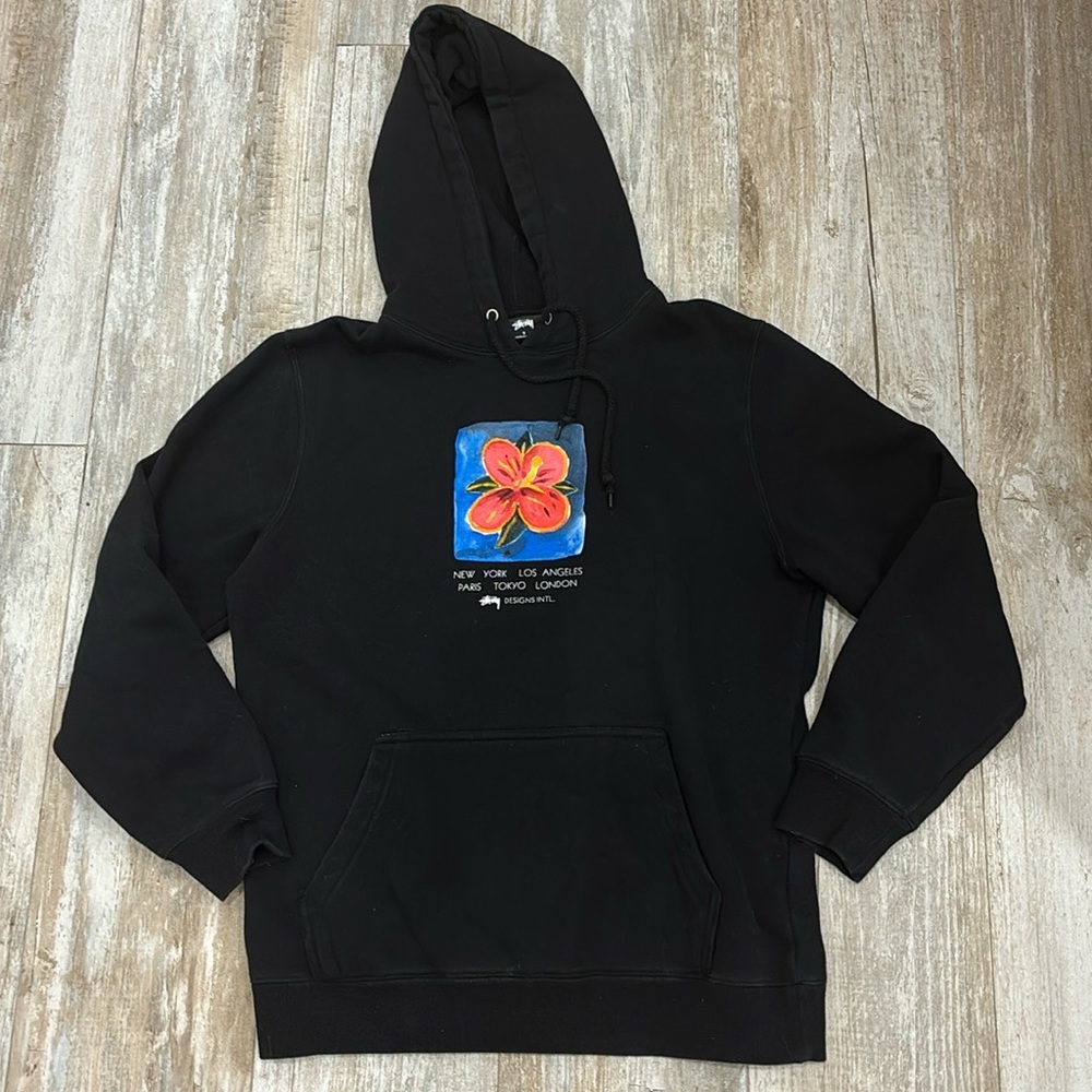 Rare STUSSY hibiscus painting black hoodie